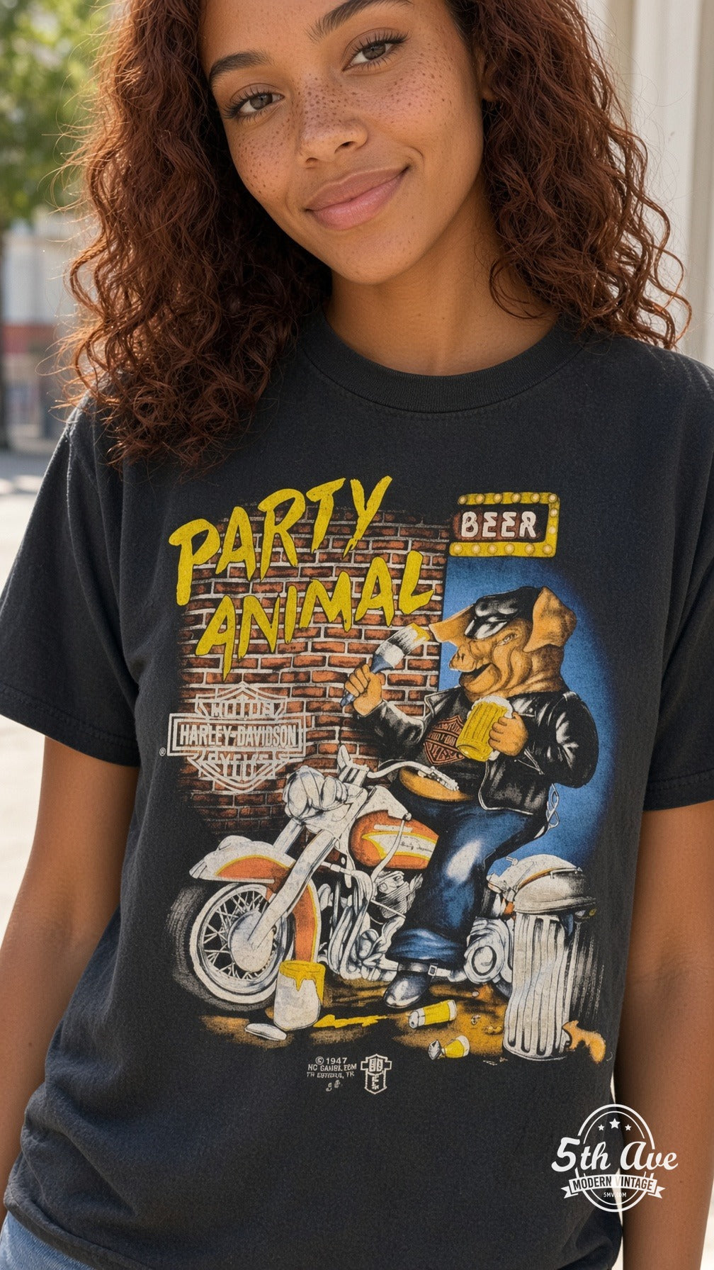 Model wearing Harley-Davidson vintage band tee