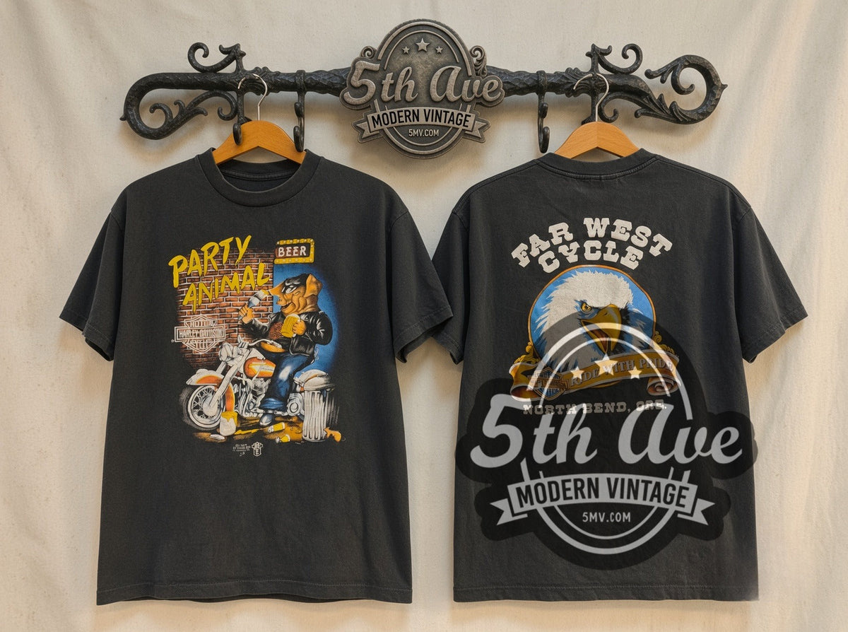 Harley-Davidson Far West Cycle Party Animal vintage graphic t-shirt, front view on a display rack