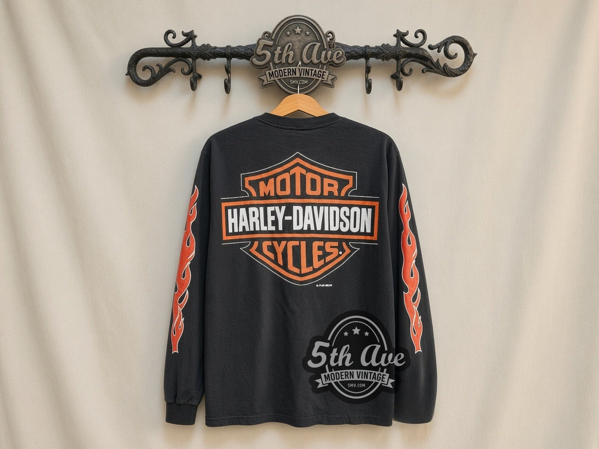 Harley-Davidson Flames vintage Harley long sleeve t-shirt, back view on a display rack