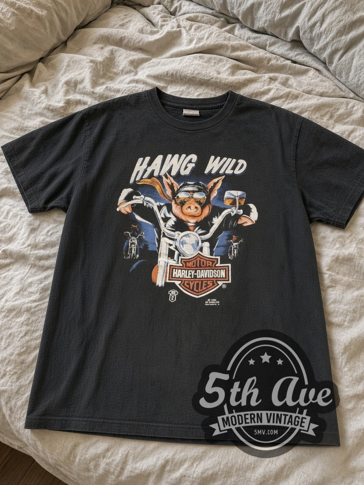 Harley-Davidson Hawg Wild Andy's Grand Forks vintage Harley tee laid flat