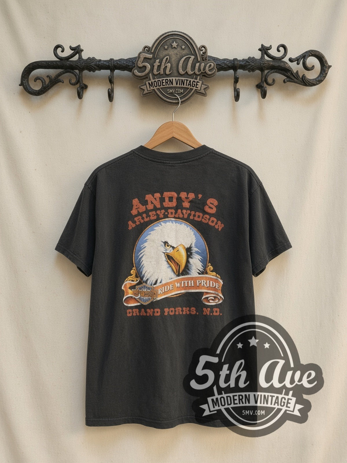 Harley-Davidson Hawg Wild Andy's Grand Forks vintage Harley t-shirt, back view on a display rack
