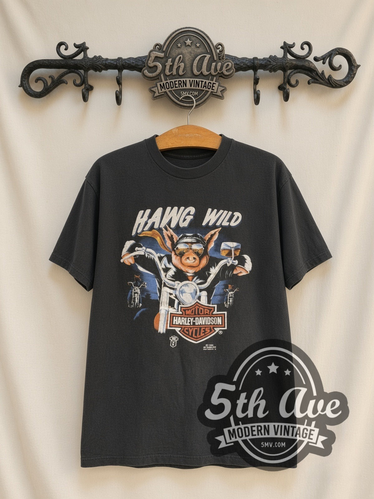 Harley-Davidson Hawg Wild Andy's Grand Forks vintage Harley t-shirt, front view on a display rack
