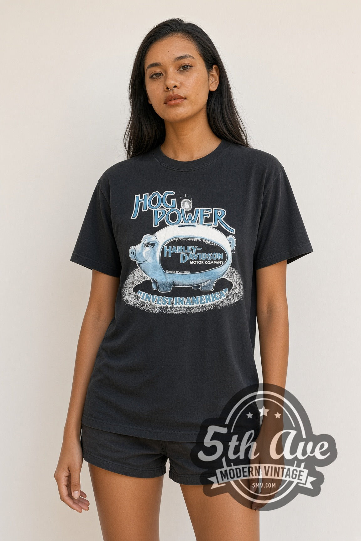 Model wearing Harley-Davidson Hog Power Invest in America Piggy Bank vintage graphic tee