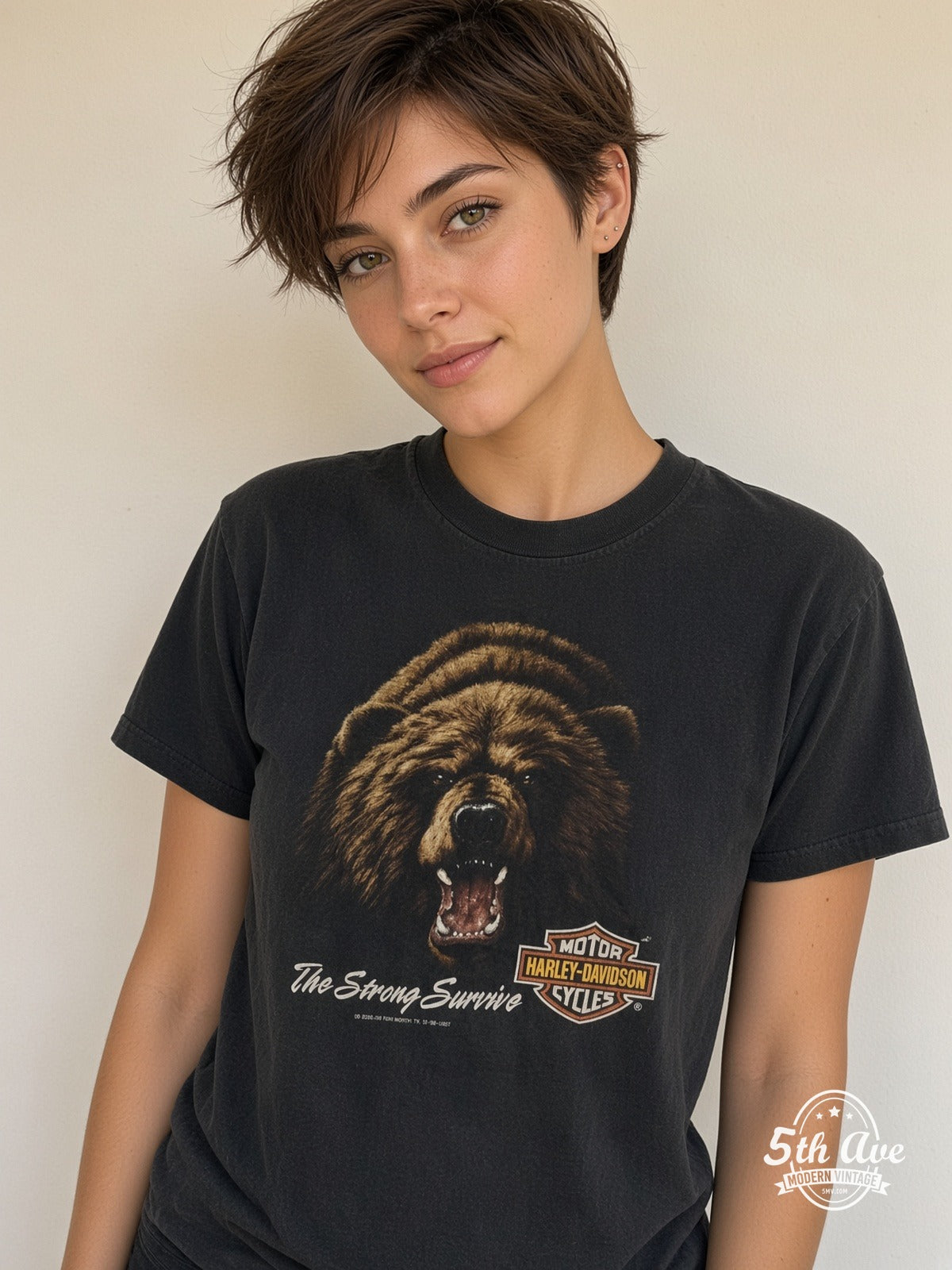 Model wearing Harley-Davidson Joe's Place The Strong Survive vintage t-shirt