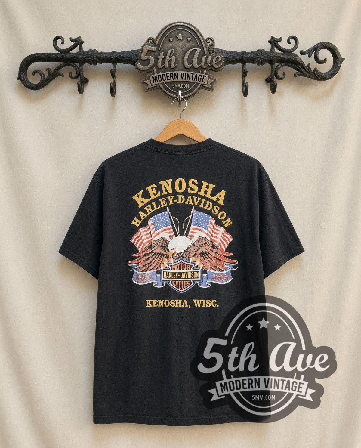 Harley-Davidson Kenosha vintage Harley tee in black, back view on a display rack