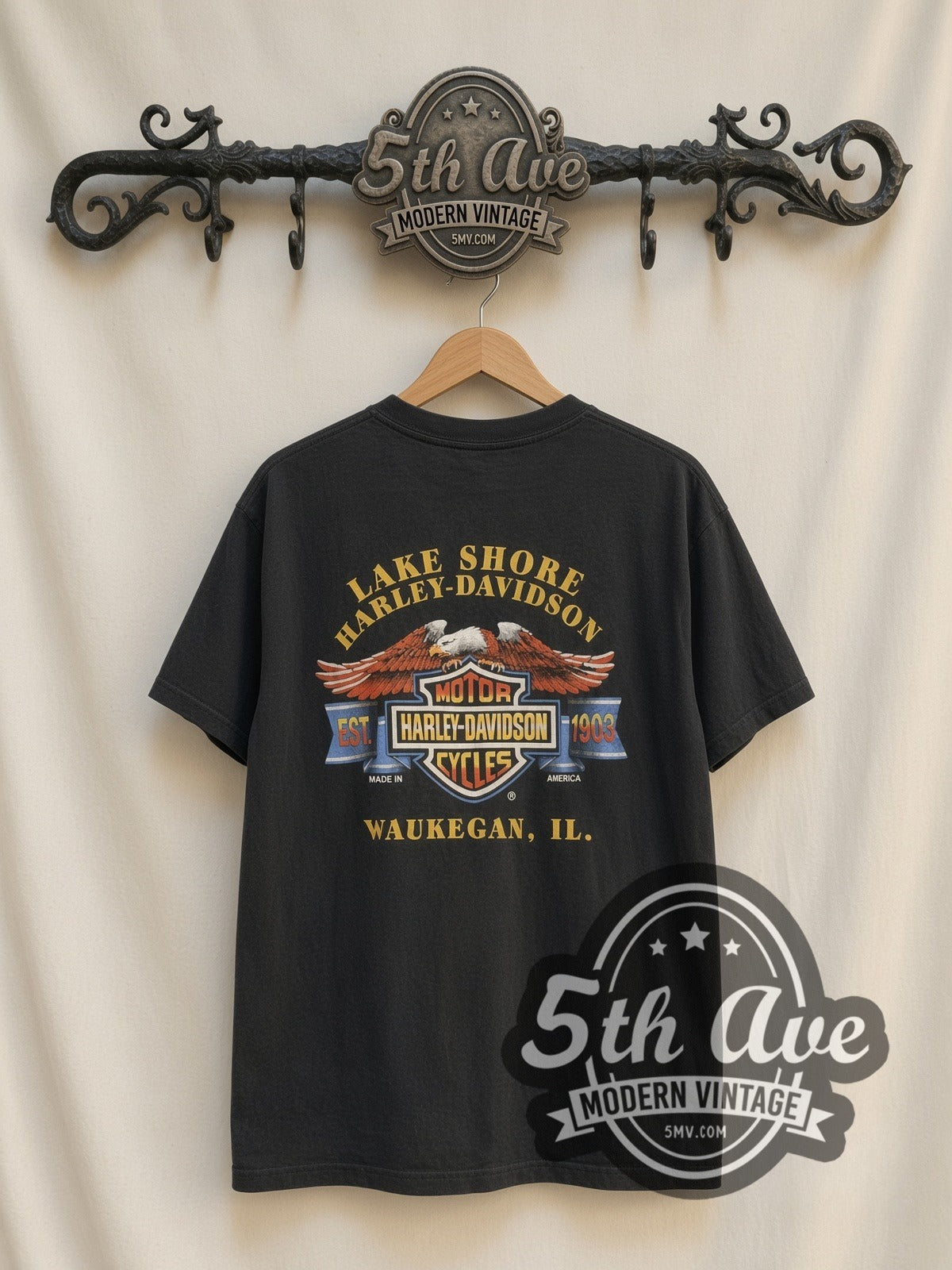 Harley-Davidson Lake Shore Waukegan Eagle vintage Harley t-shirt, back view on a display rack