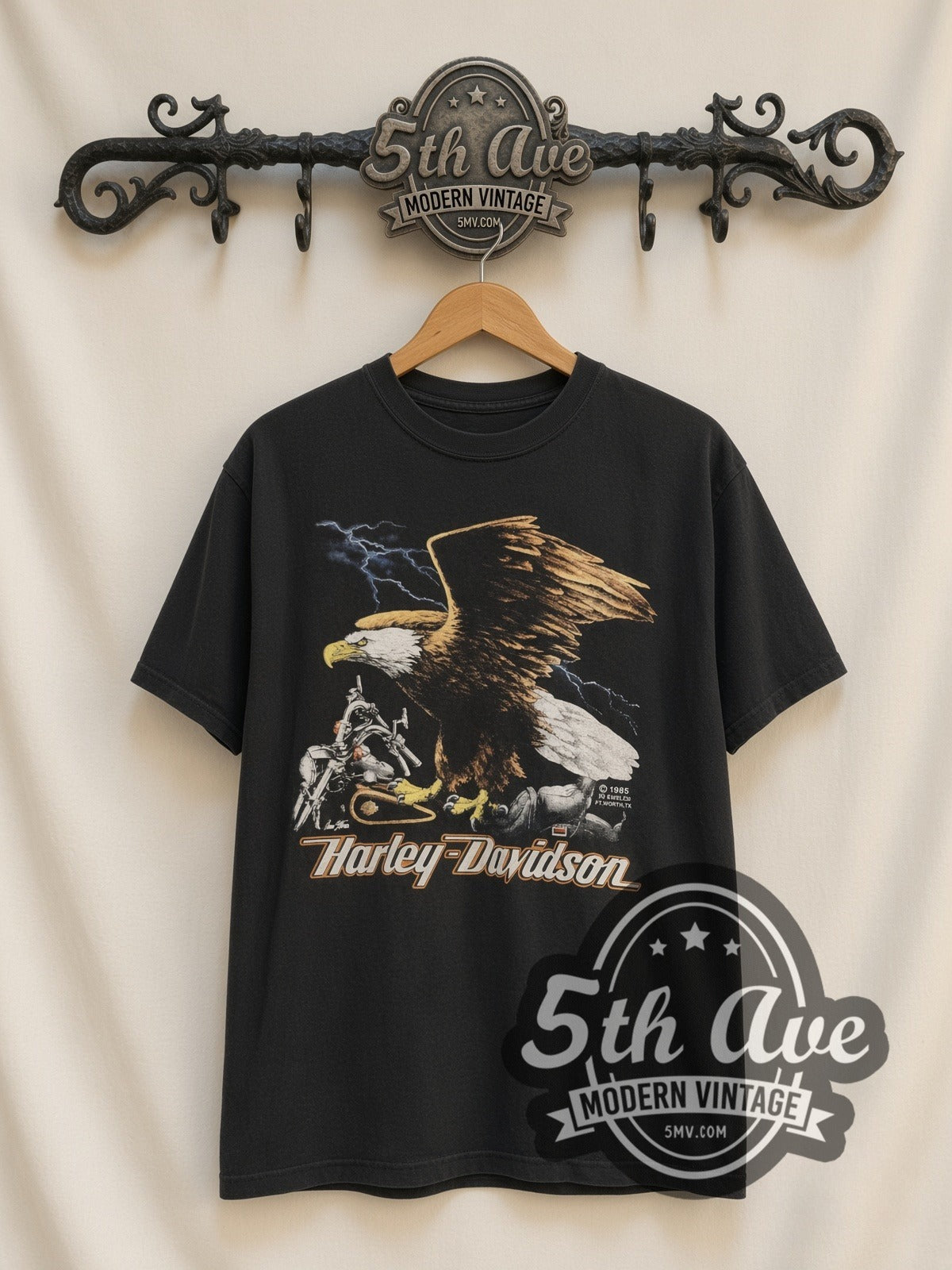 Harley-Davidson Lake Shore Waukegan Eagle vintage Harley t-shirt, front view on a display rack