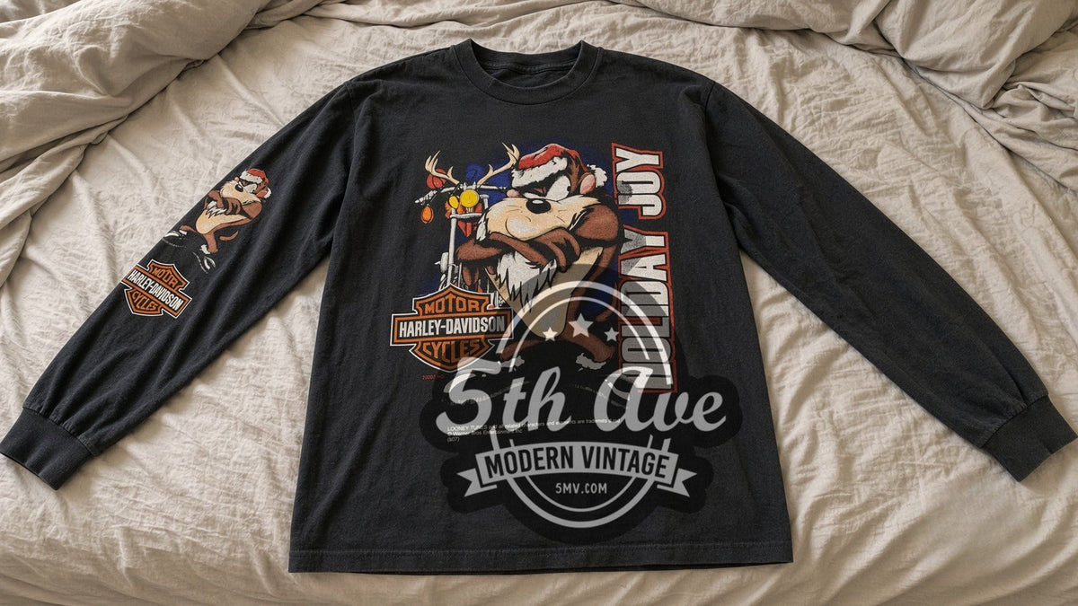Harley-Davidson Looney Tunes Taz Holiday Joy vintage graphic long sleeve tee laid flat