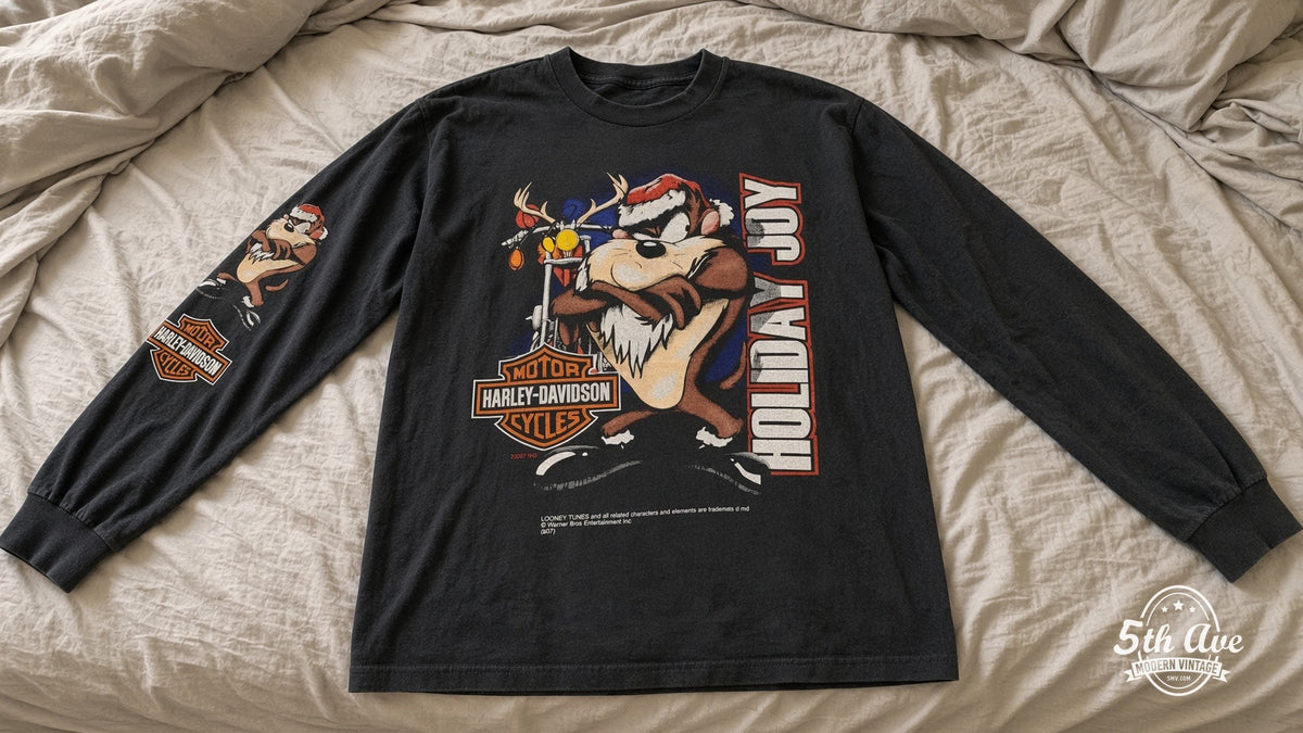 Harley-Davidson vintage t-shirt laid on bed