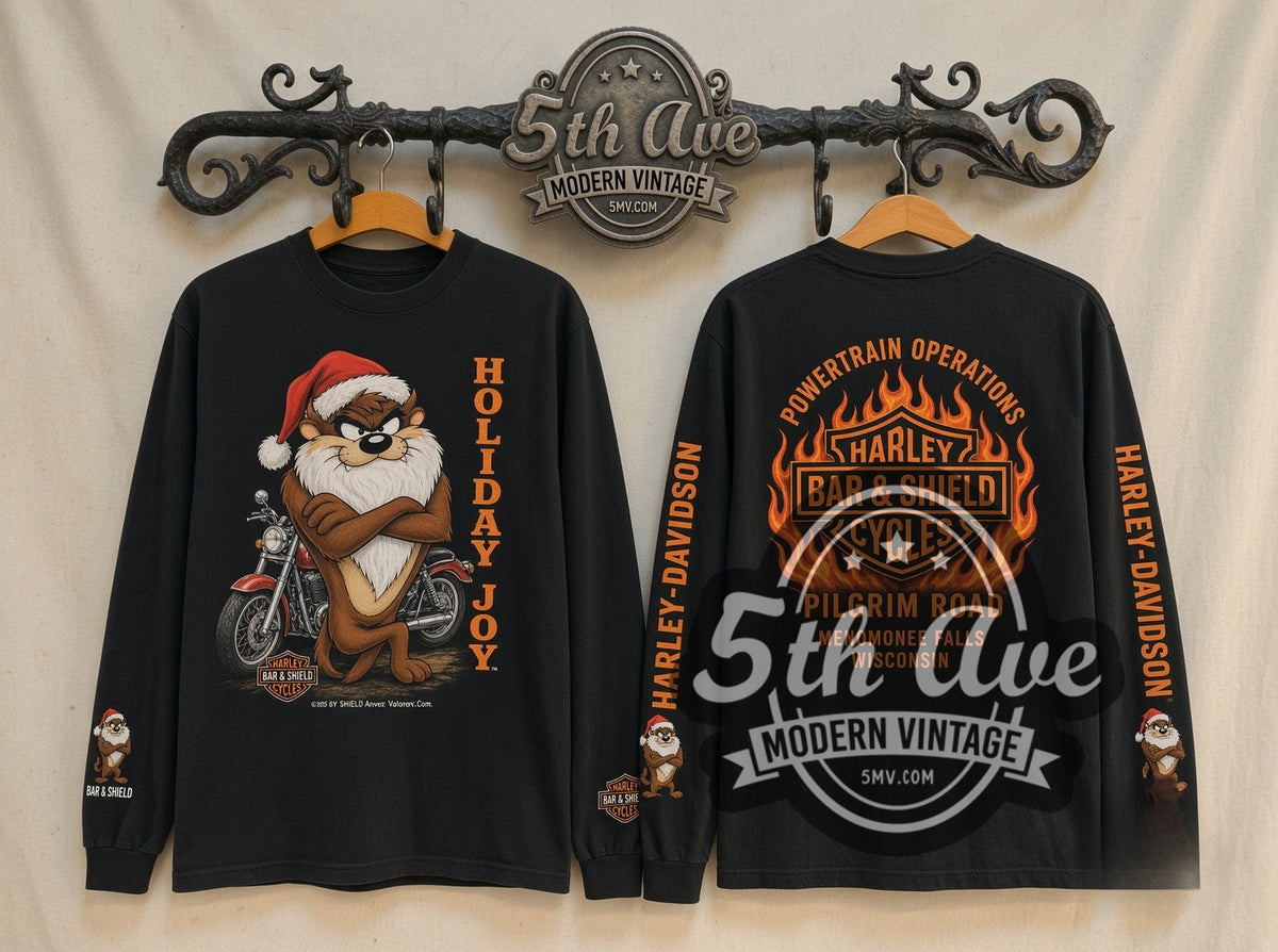 Harley-Davidson Looney Tunes Taz Holiday Joy vintage graphic long sleeve t-shirt, front view on a display rack