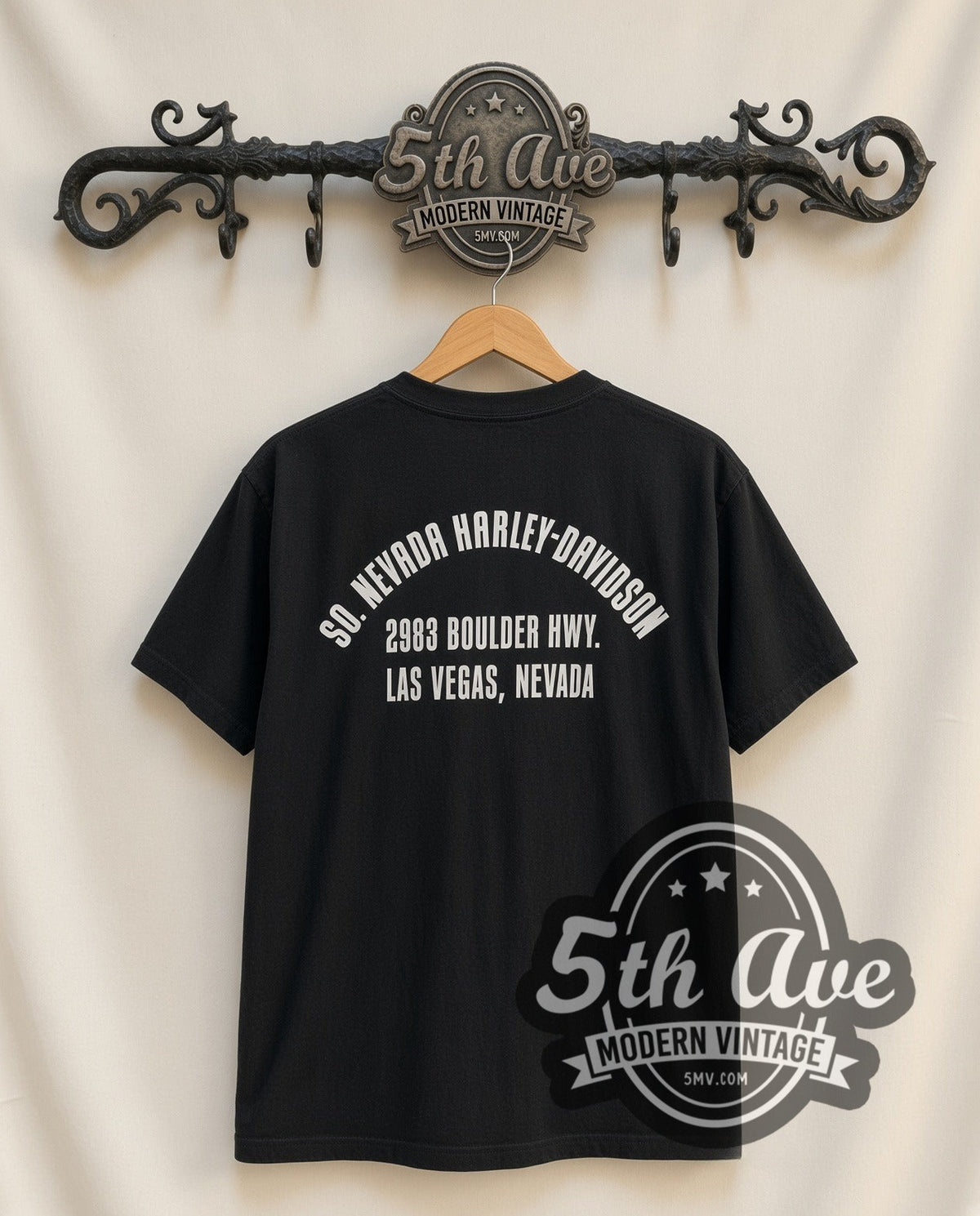 Harley Davidson 'Southern Nevada' Las Vegas graphic tee in black, back view on a display rack