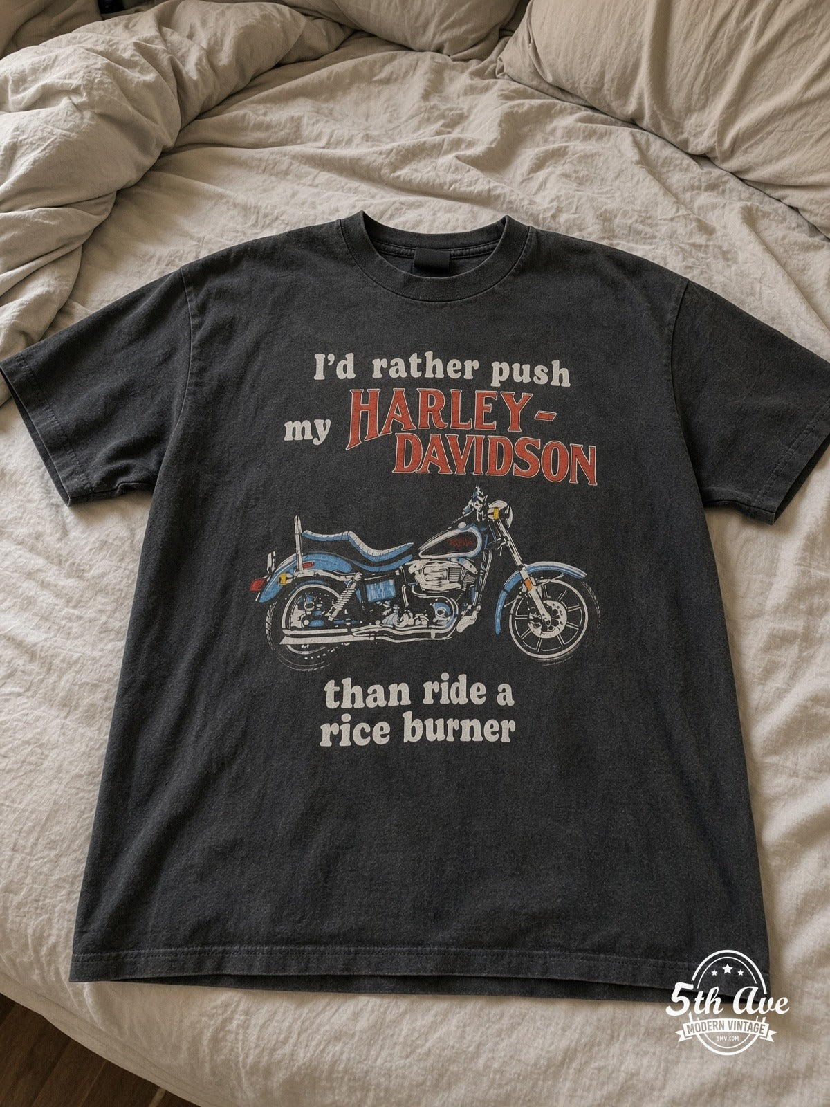 Harley-Davidson Rice Burner vintage graphic tee laid on bed