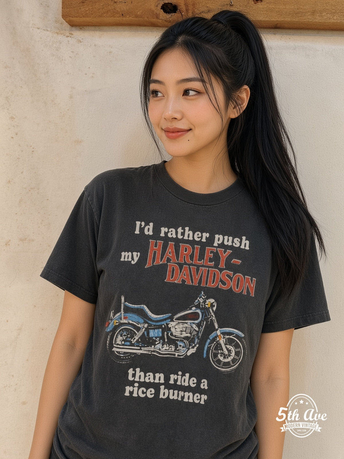 Model wearing Harley-Davidson Rice Burner Big Spring TX vintage graphic tee