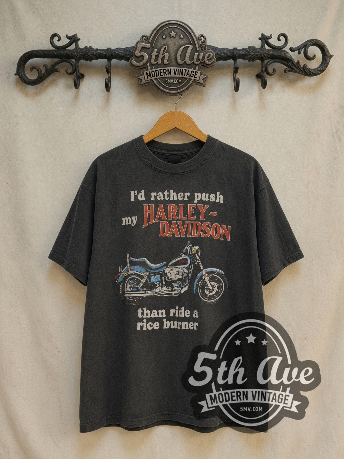 Harley-Davidson Rice Burner / Big Spring TX vintage graphic t-shirt, front view on a display rack