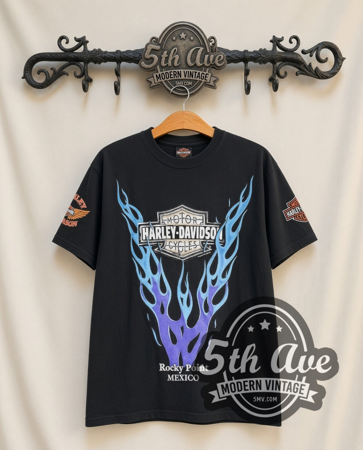 Harley-Davidson Rocky Point, Mexico vintage Harley tee in black, front view on the 5MV rack