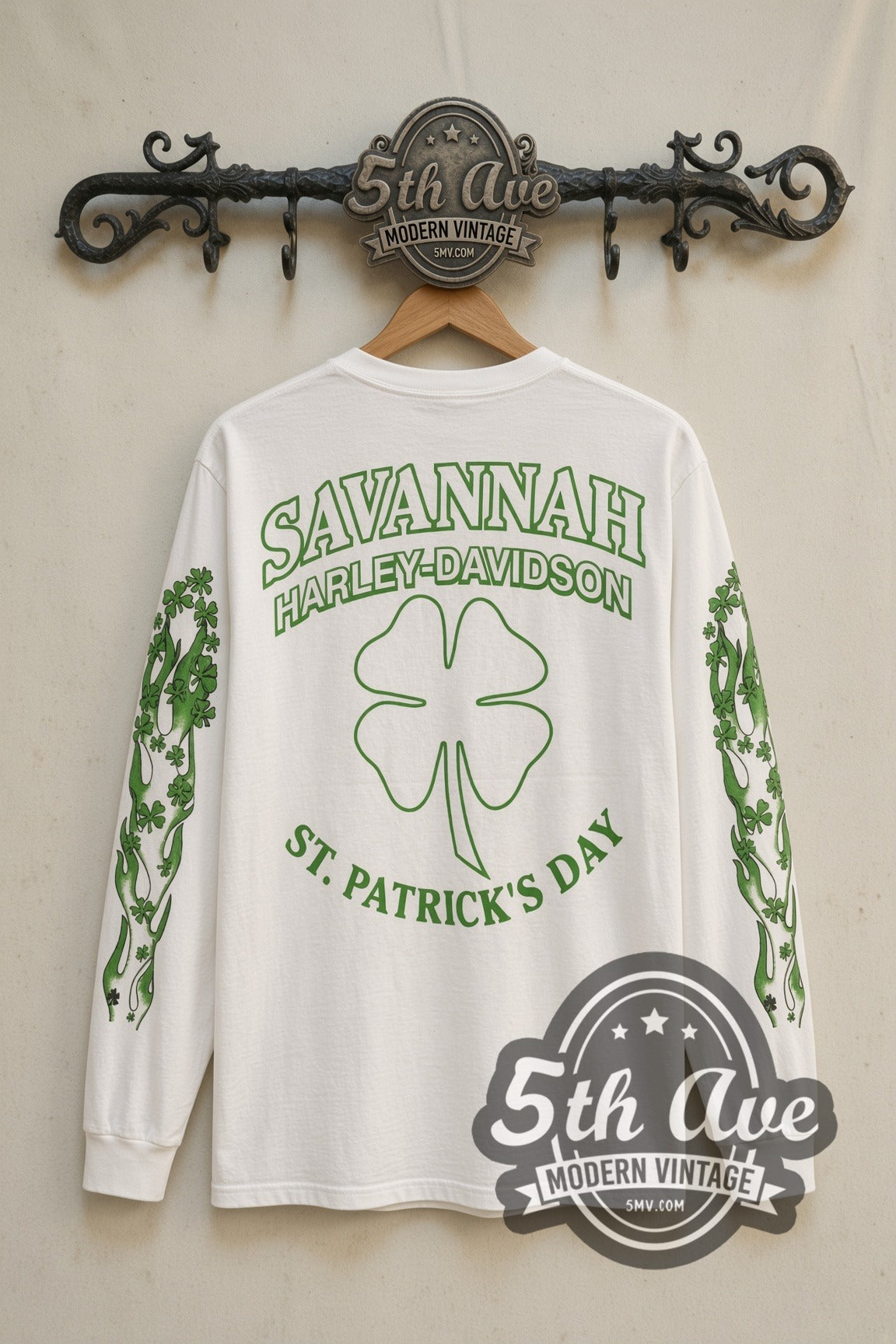 Back print of Harley-Davidson Savannah shamrock long sleeve on the 5MV rack