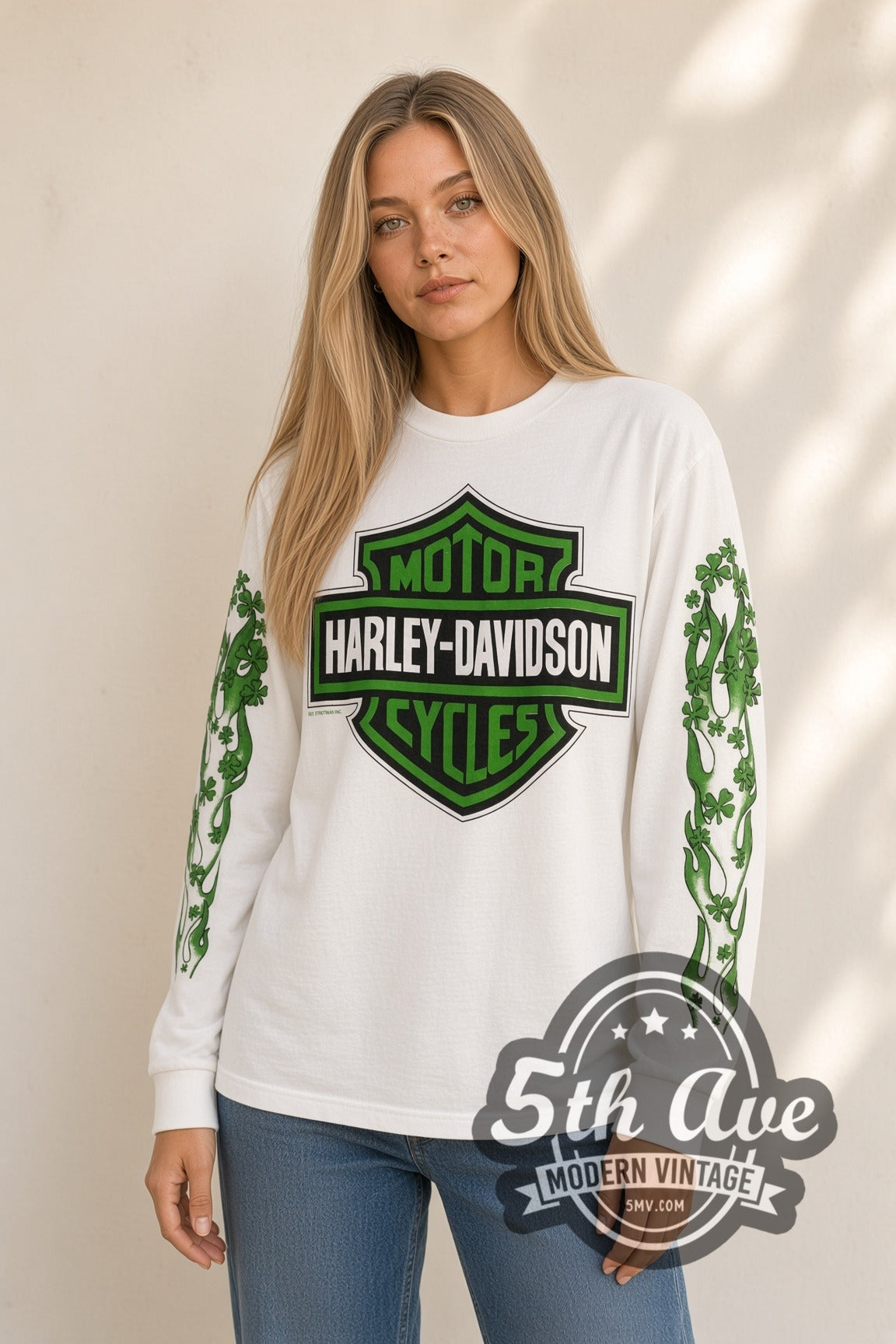 Woman wearing white Harley-Davidson shamrock vintage long sleeve t-shirt