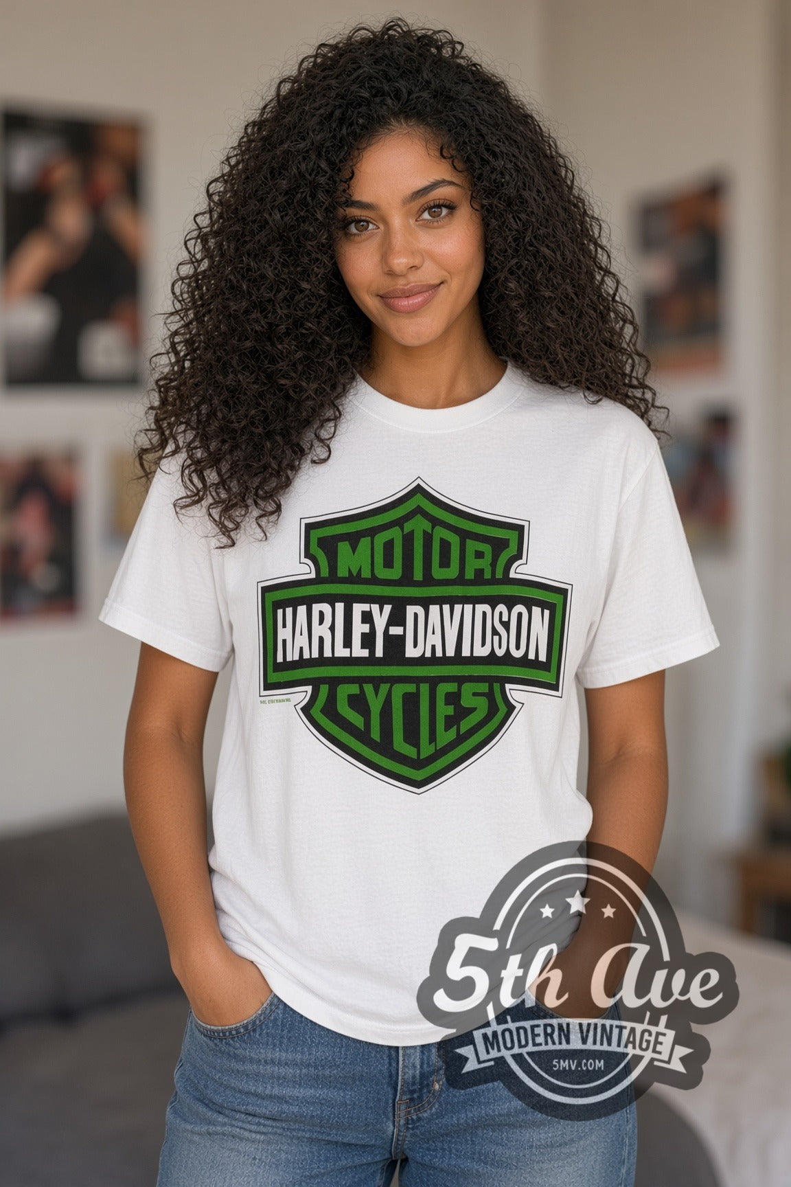 Woman wearing white Harley-Davidson shamrock vintage t-shirt