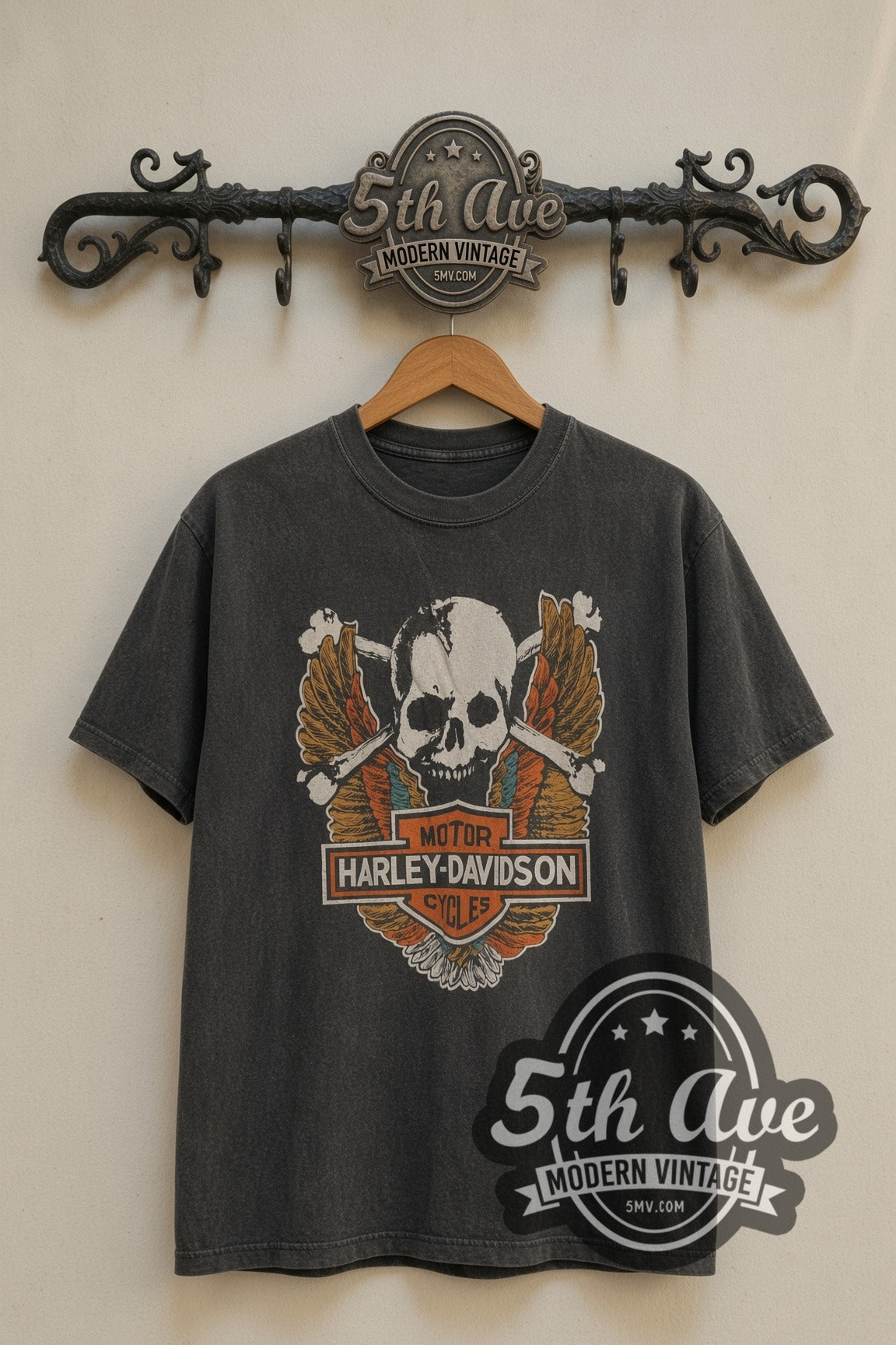 Harley-Davidson Skull & Wings / Blocker Enterprises Parryville PA Harley tee front on 5th Ave iron rack