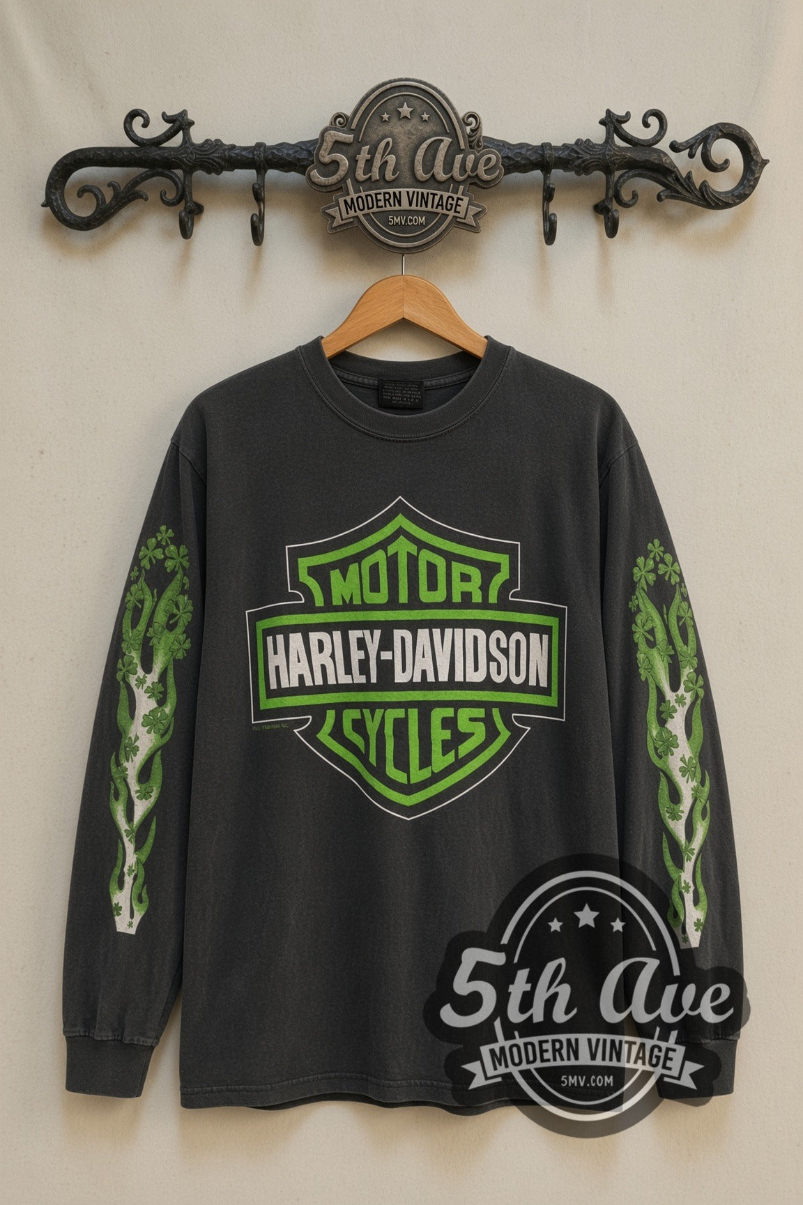 Harley-Davidson green bar and shield long sleeve front on the 5MV rack