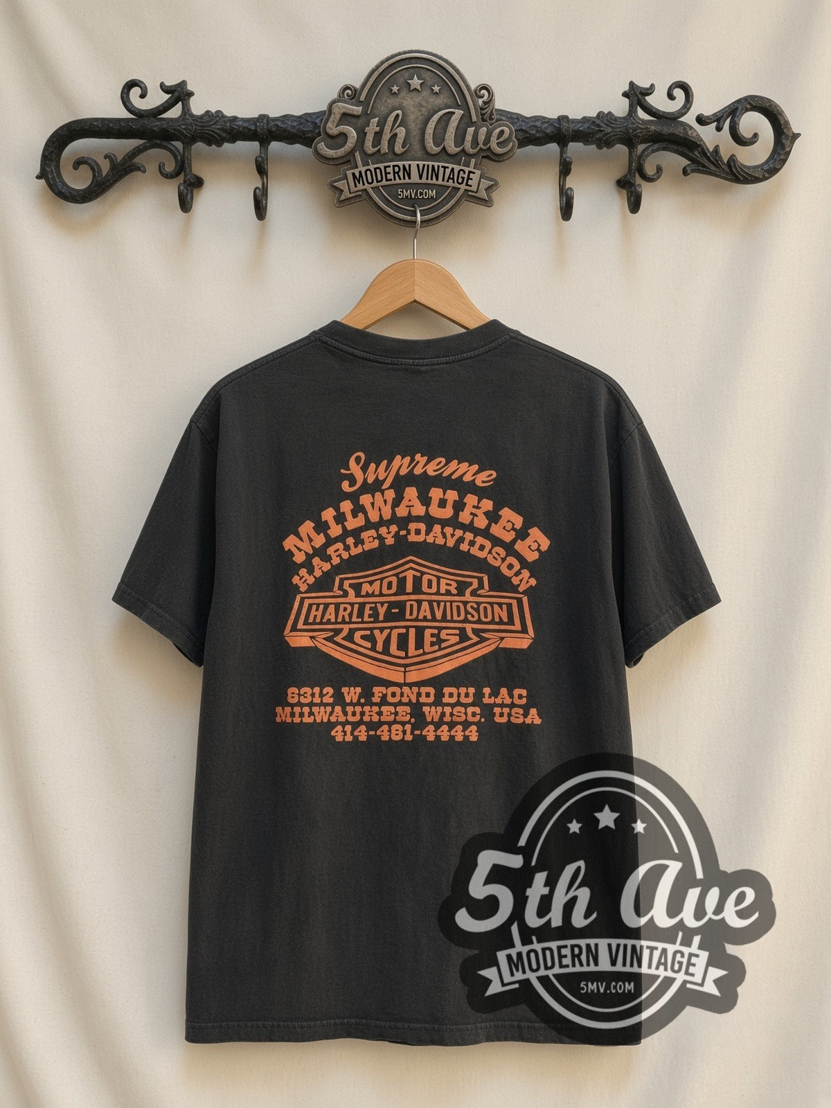 Harley-Davidson Supreme Milwaukee Fond du Lac vintage graphic t-shirt, back view on a display rack