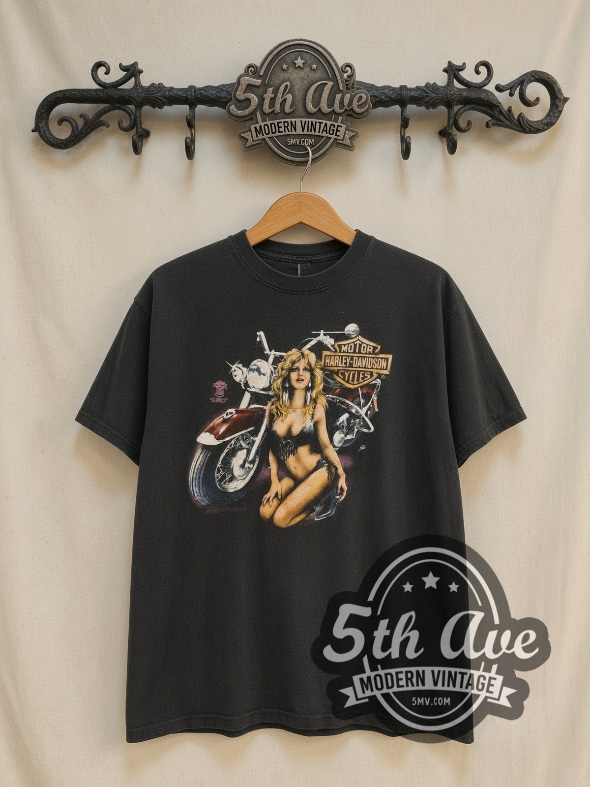 Harley-Davidson Supreme Milwaukee Fond du Lac vintage graphic t-shirt, front view on a display rack