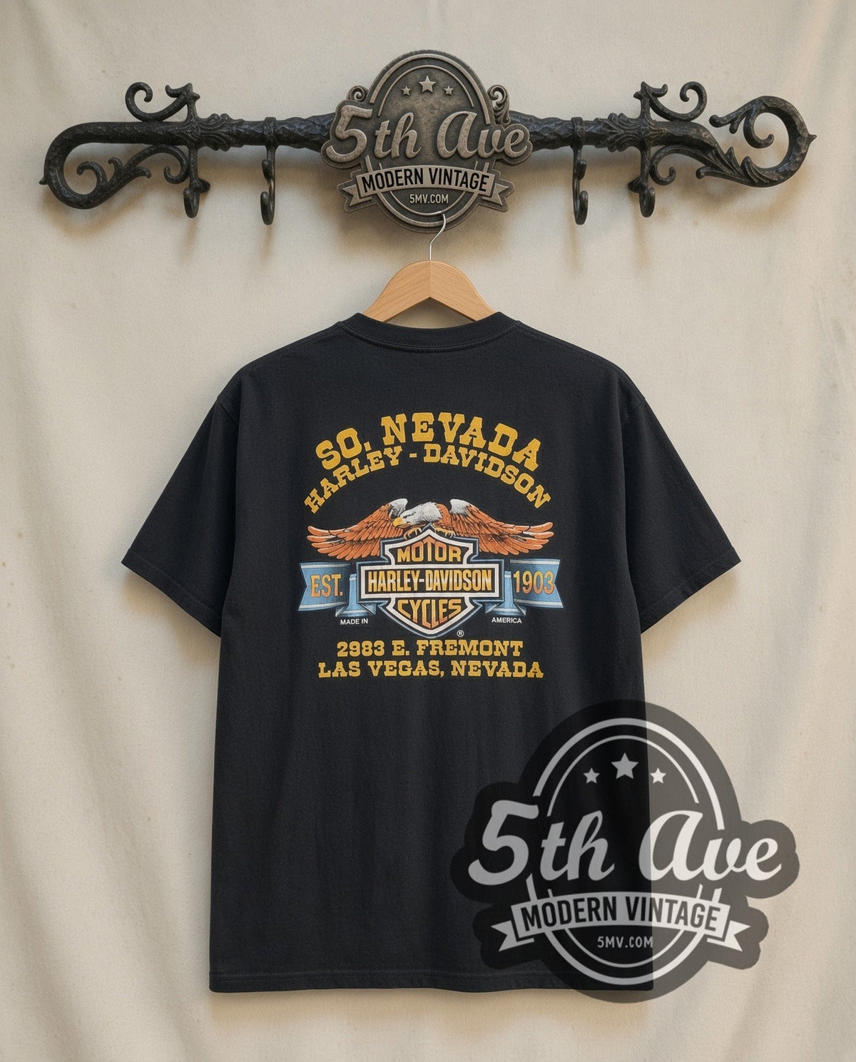 Harley-Davidson Survival of the Fittest vintage Harley tee in black, back view on the 5MV rack