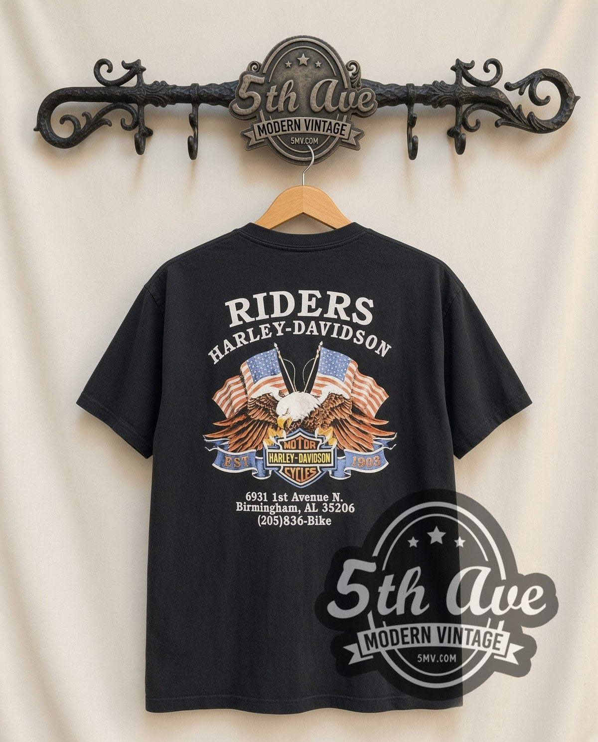 Harley-Davidson The Last Biker on Earth' Birmingham, Al. vintage Harley tee in black, back view on a display rack