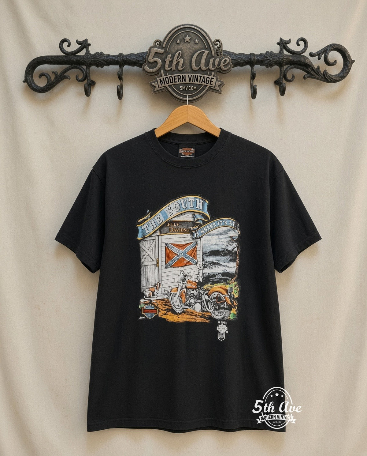 Harley-Davidson The South Is Where It Is At graphic tee in black, front view on a display rack