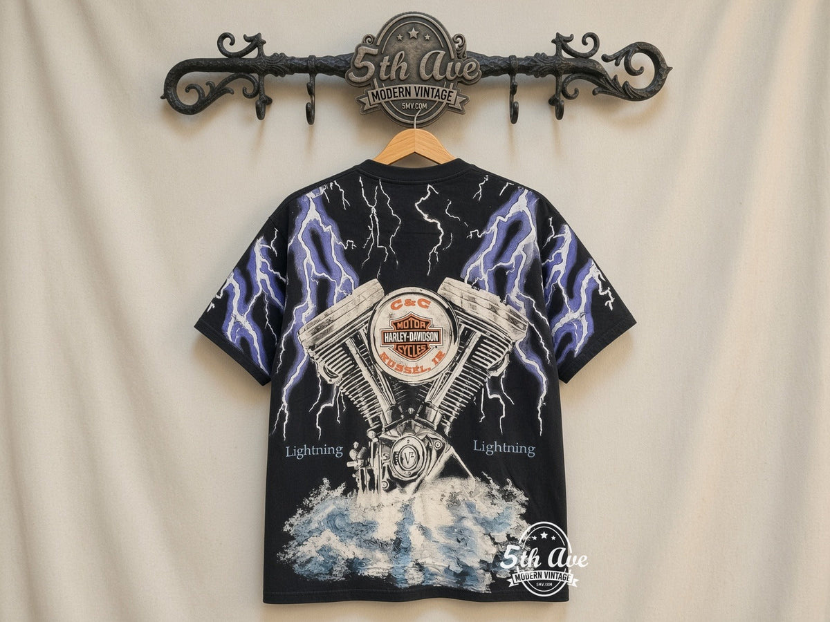 Harley-Davidson – Thunder and Lightning C&C Russell IA All Over Print – Vintage Graphic Tee vintage tee on 5th Ave cream rack — back