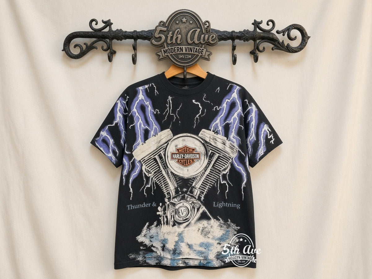 Harley-Davidson – Thunder and Lightning C&C Russell IA All Over Print – Vintage Graphic Tee vintage tee on 5th Ave cream rack — front