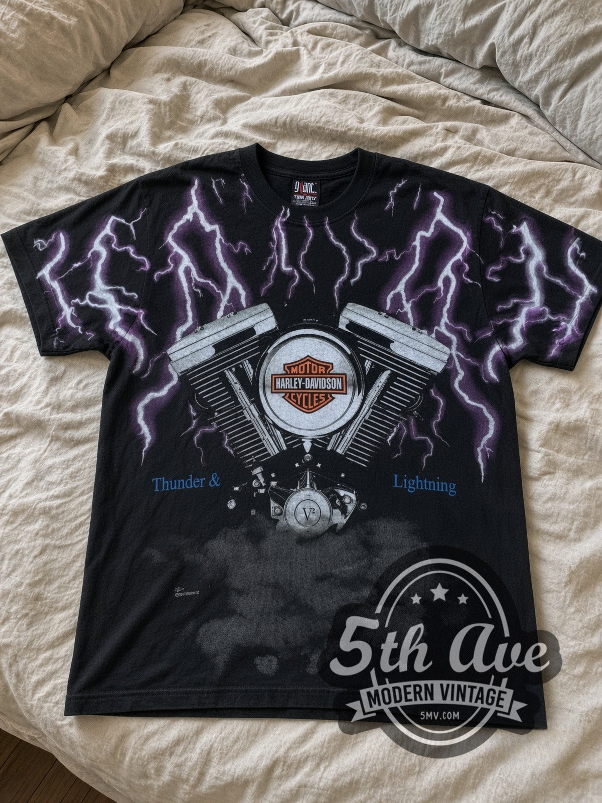 Harley-Davidson Thunder Lightning Engine all-over-print vintage Harley tee laid flat