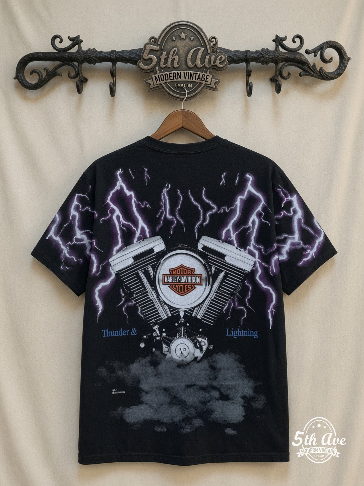 Harley-Davidson Thunder Lightning Engine all over print vintage tee back on cream 5th Ave rack