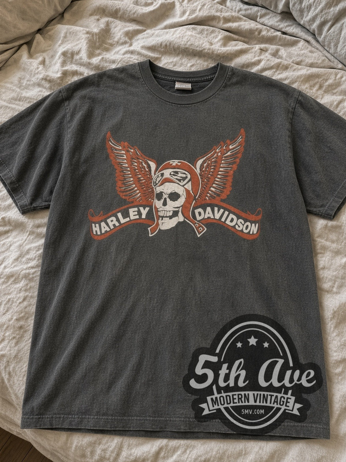 Faded Black Harley-Davidson Winged Skull Aviator / Cycledelic Choppers Reading PA tee laid flat on linen bed