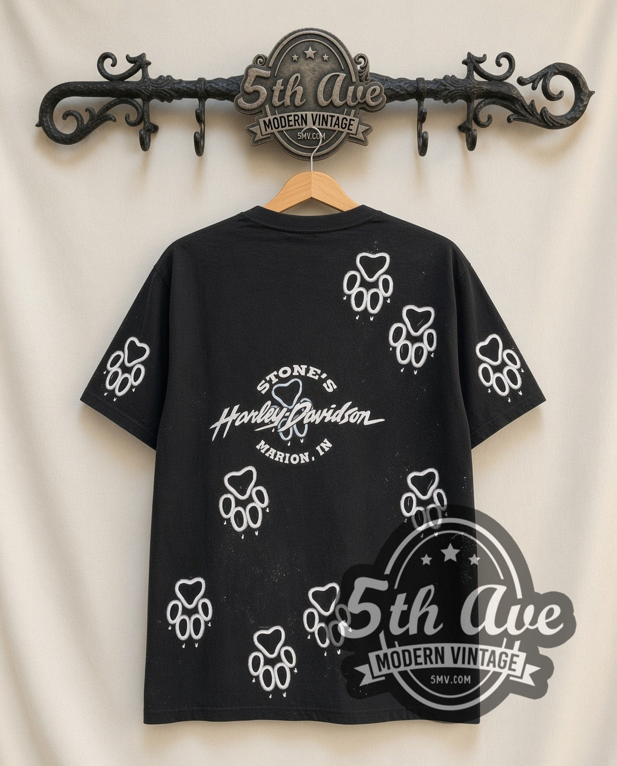 Harley-Davidson Wolf all-over-print vintage Harley tee in black, back view on a display rack