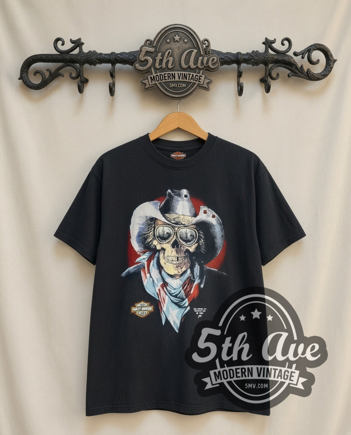 Harley-Davidson Zepka Inc Johnstown vintage Harley tee in black, front view on the 5MV rack
