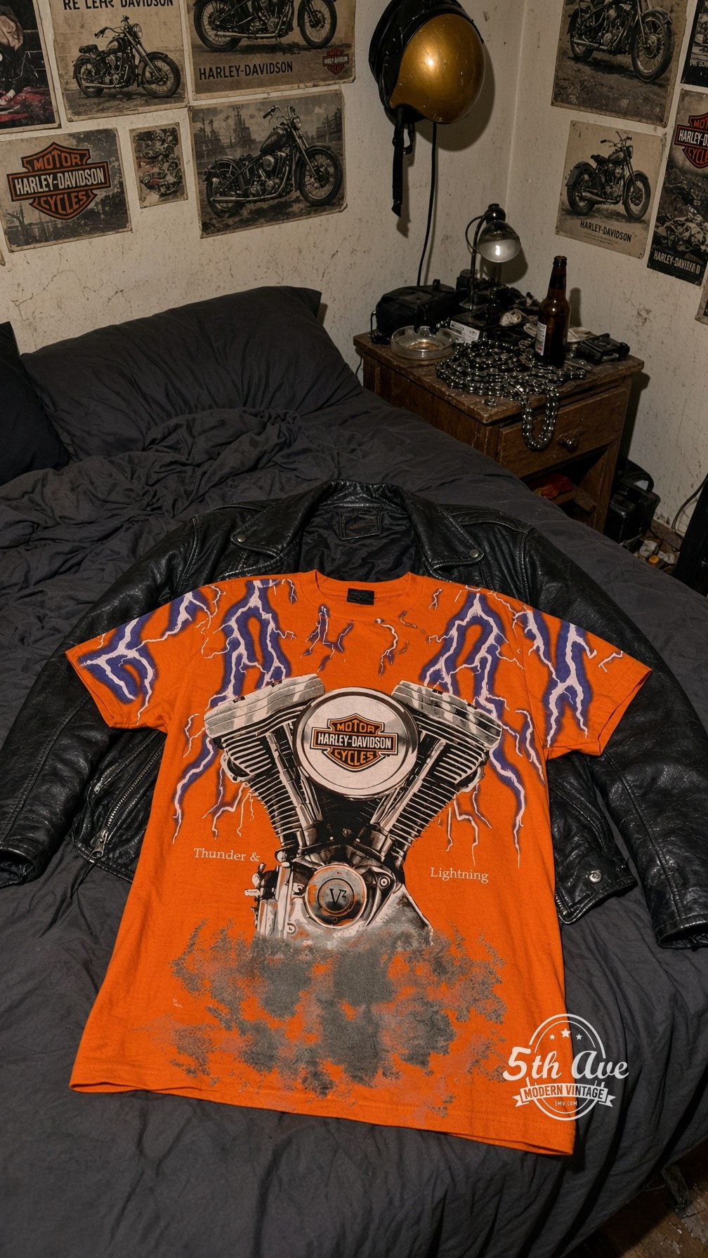 Harley-Davidson vintage band t-shirt on bed