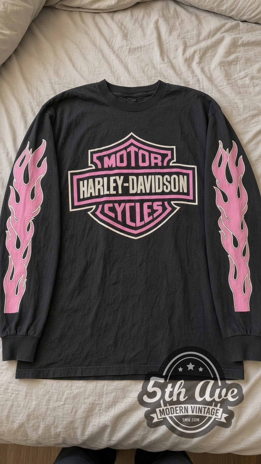 Harley-Davidson Wisconsin Oconomowoc Pink Shield vintage graphic long sleeve tee laid flat
