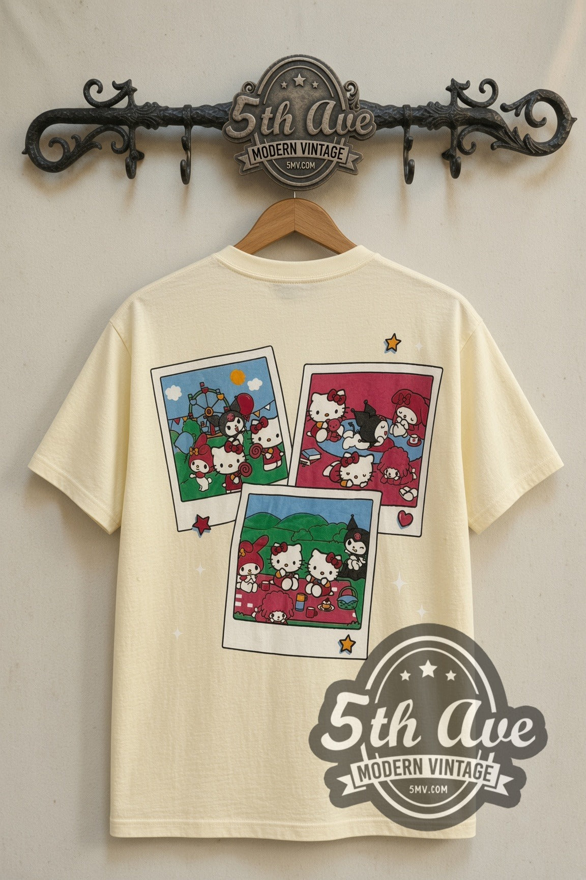 Back print of Hello Kitty Strawberry Grid & Polaroid Photos tee on 5th Ave rack