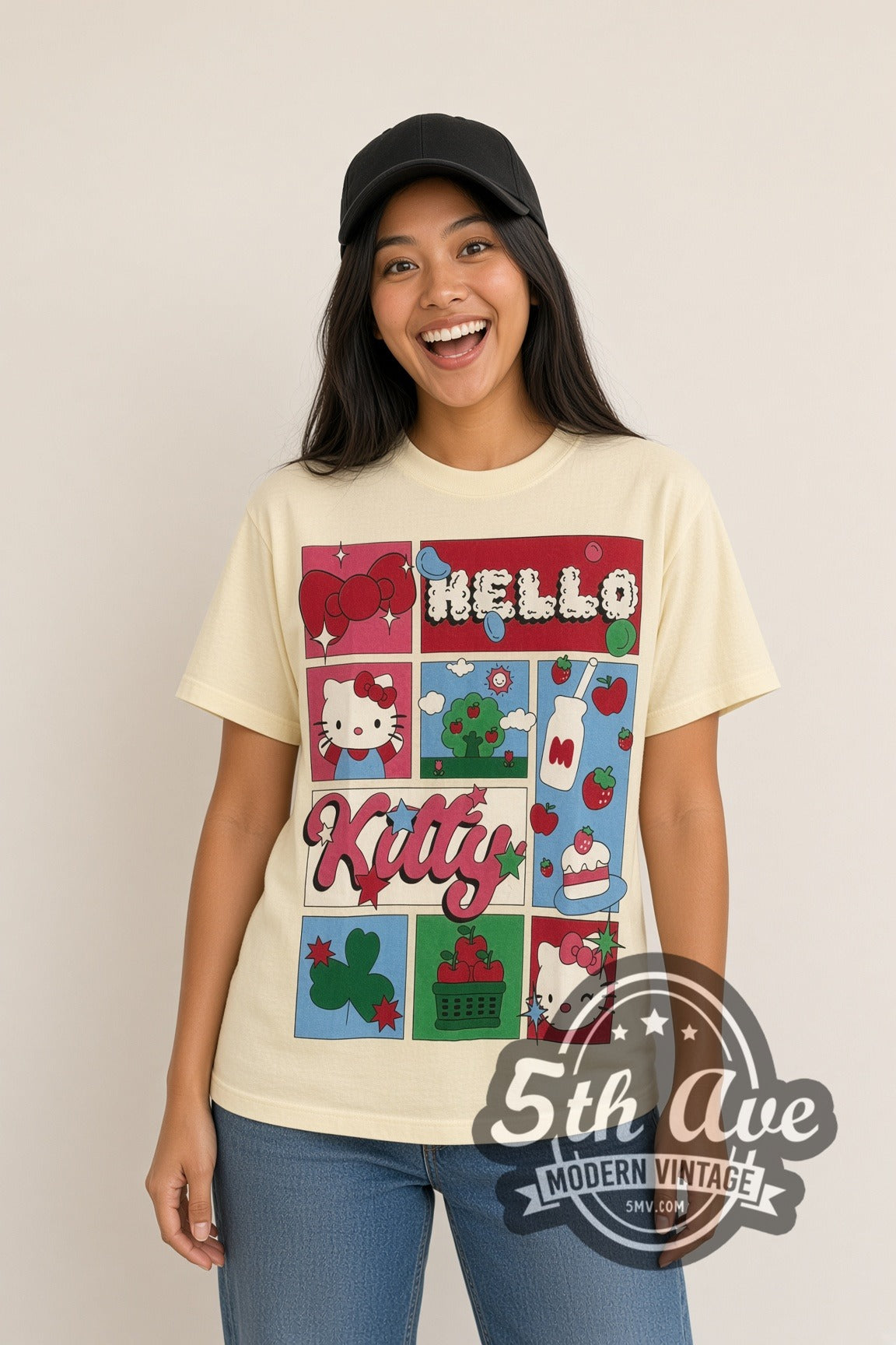 Woman wearing cream Hello Kitty Strawberry Grid & Polaroid Photos vintage cartoon tee