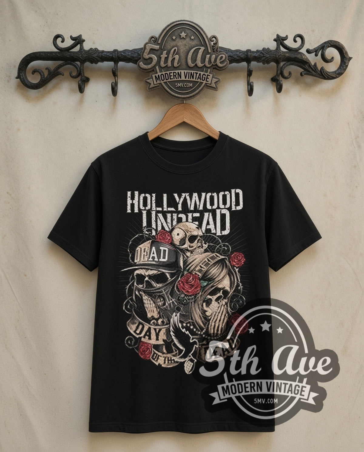 Hollywood Undead Day of the Dead Skulls and Roses double stitched black tee front on dark iron 5th Ave rack