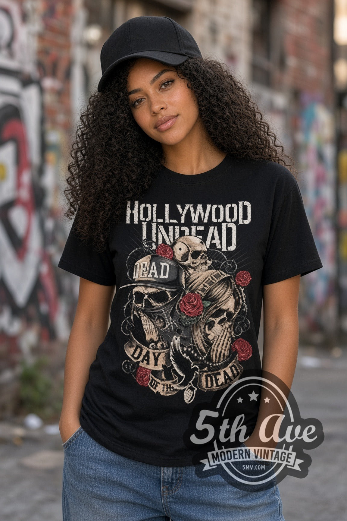 Woman wearing Hollywood Undead Day of the Dead Skulls and Roses double stitched black graphic tee