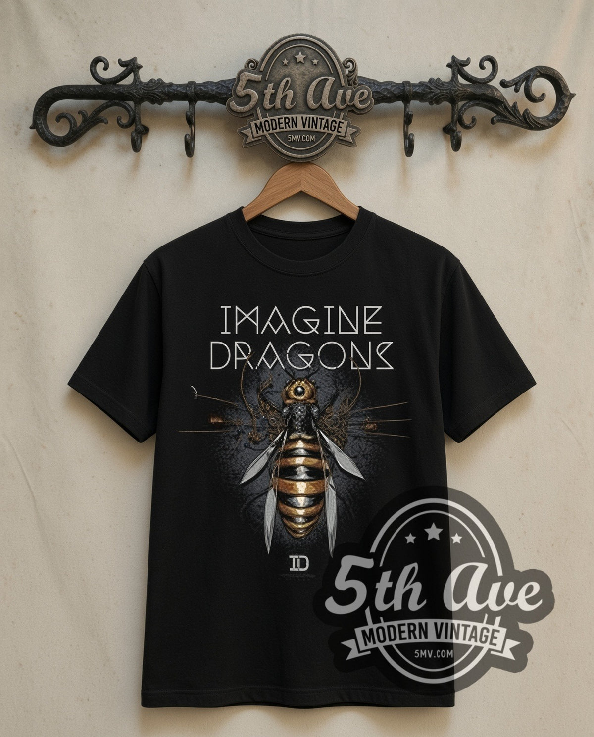 Imagine Dragons Mechanical Bee double stitched black tee front on dark iron 5th Ave rack