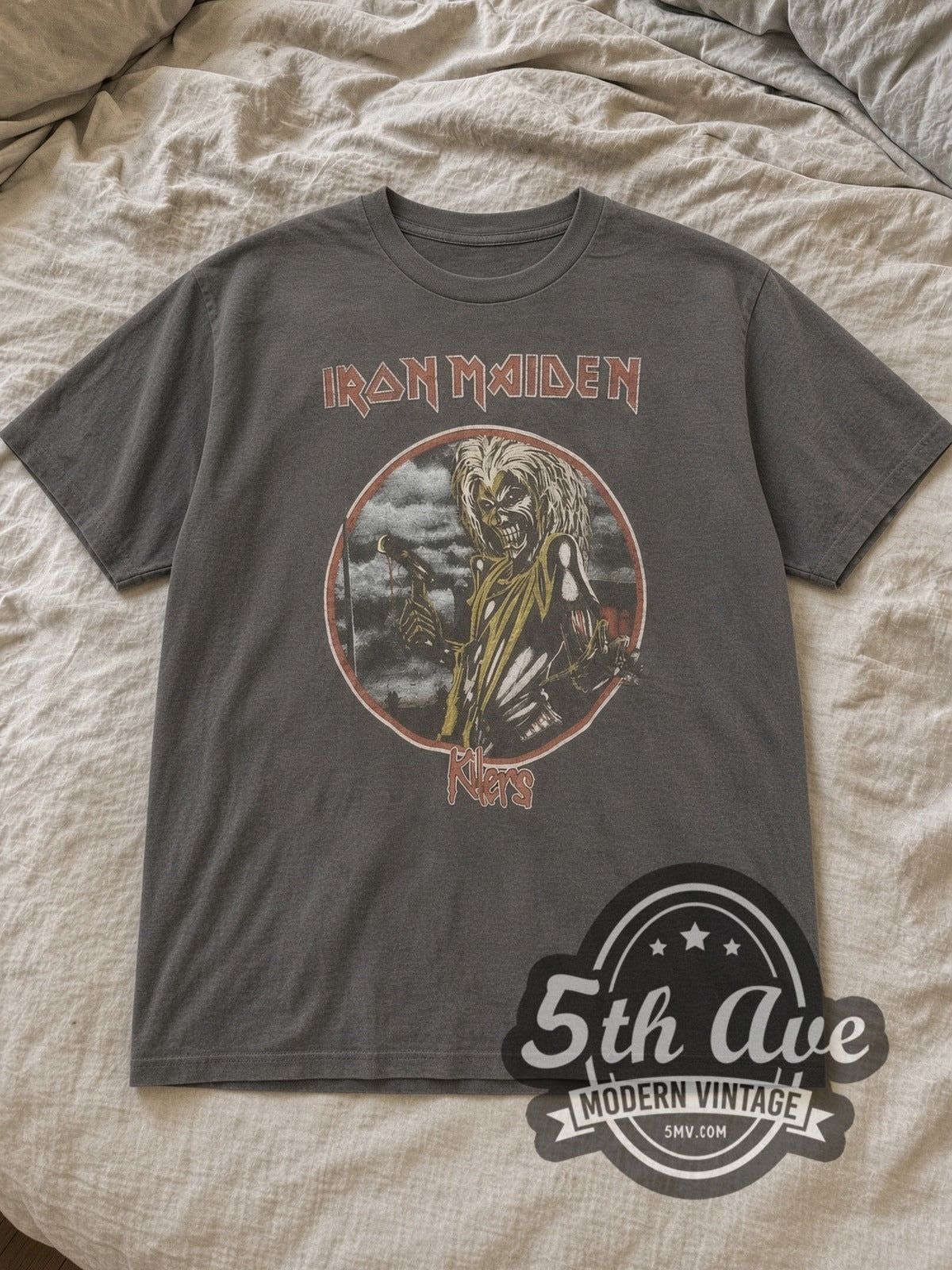 Charcoal Iron Maiden Killers Circular Eddie Hatchet Vintage Band T-Shirt laid flat on a linen bed
