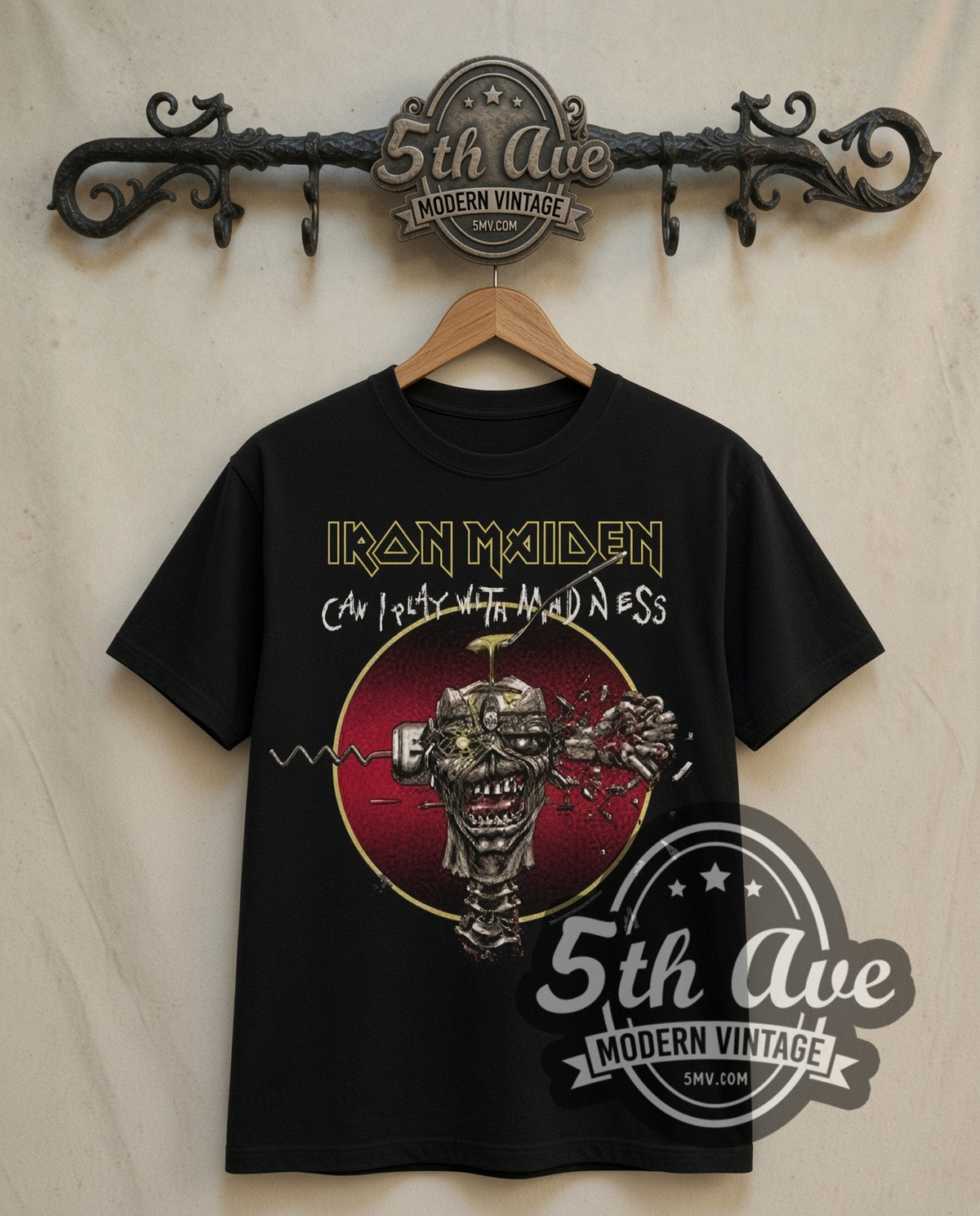Iron Maiden Can I Play with Madness Eddie double stitched black tee front on dark iron 5th Ave rack