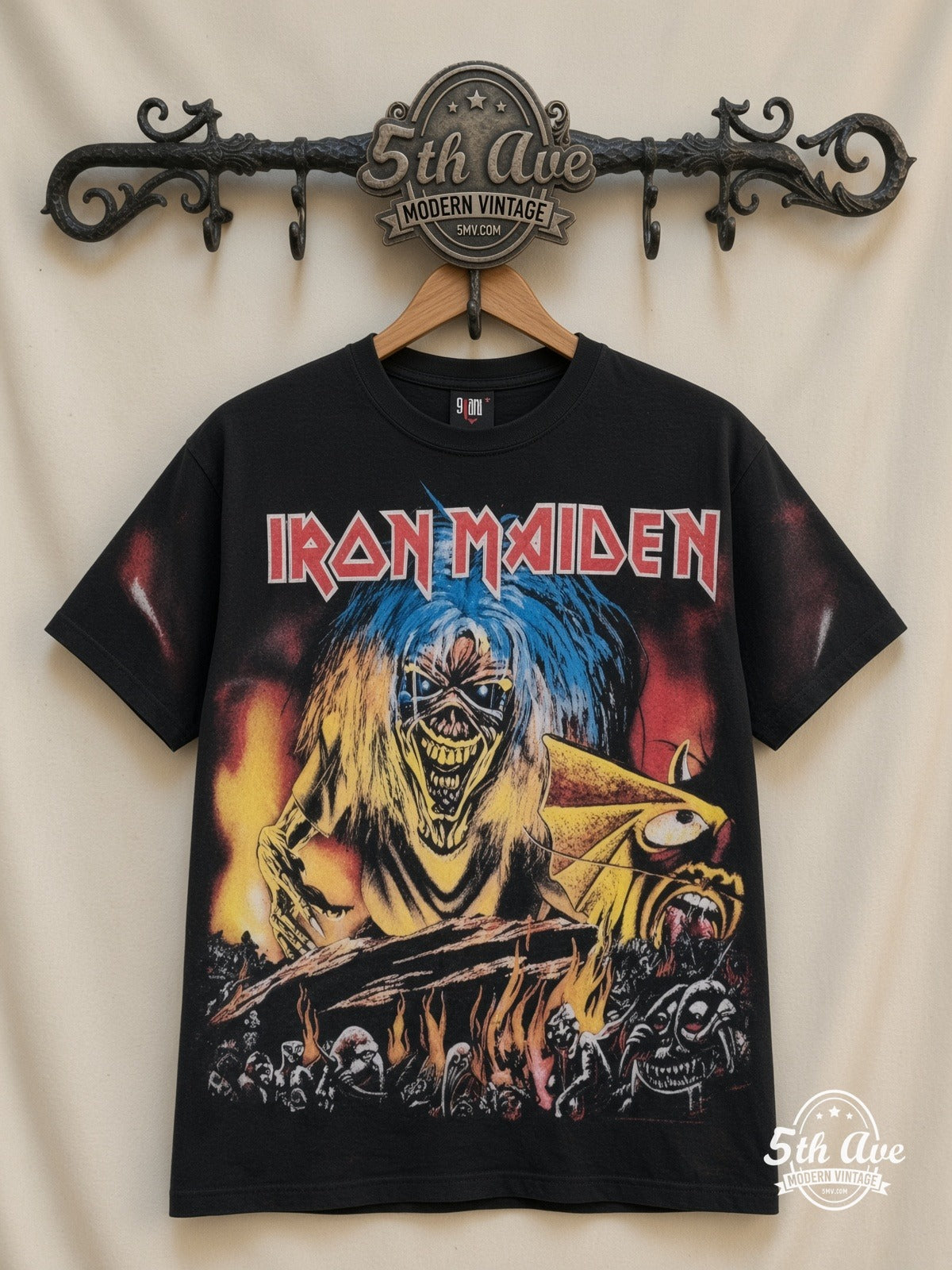 Iron Maiden Eddie Fire Hellscape all over print vintage band t-shirt front on cream 5th Ave rack