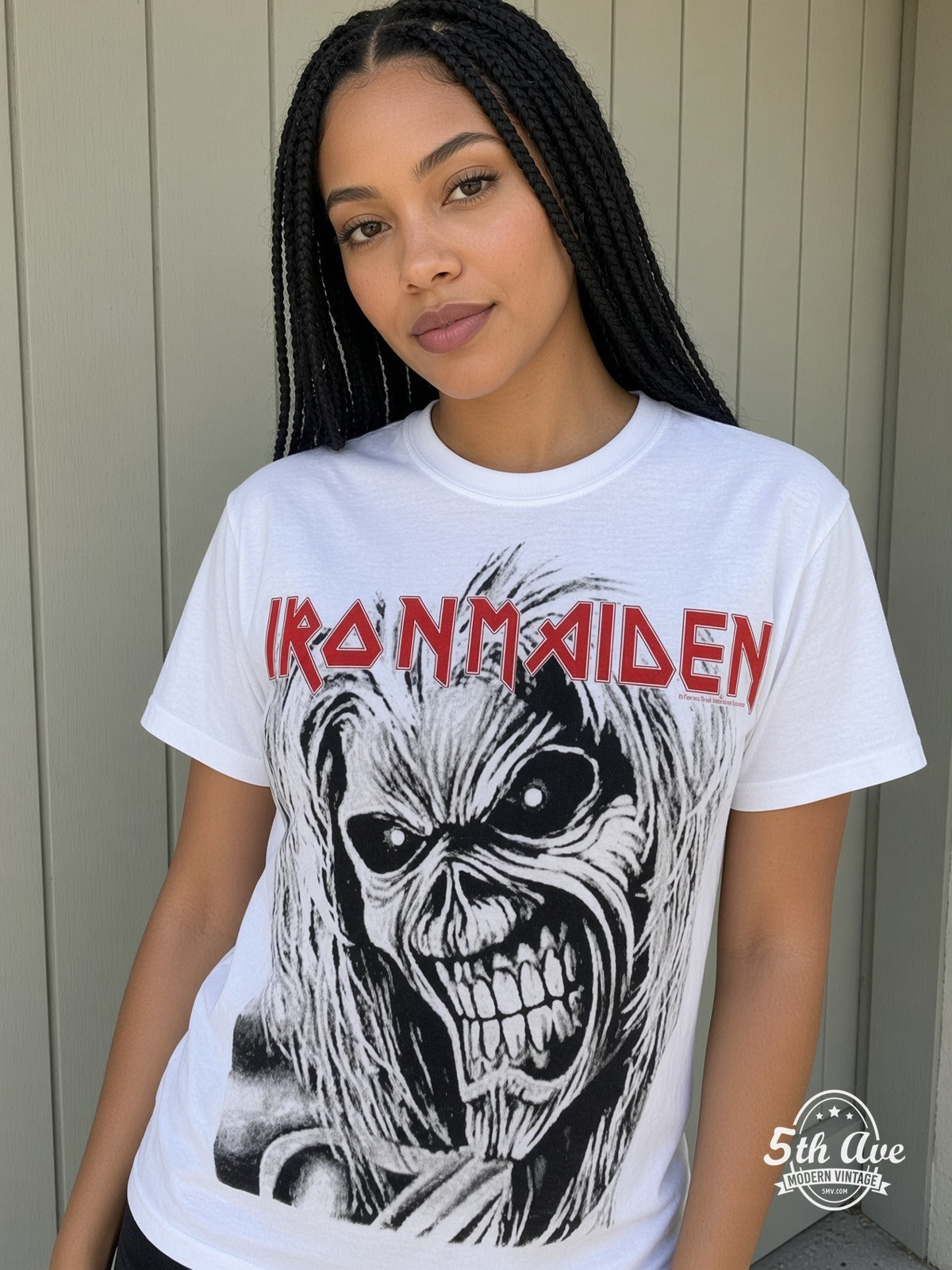Iron Maiden Eddie Snarl Bloody Hand all over print vintage tee model wearing