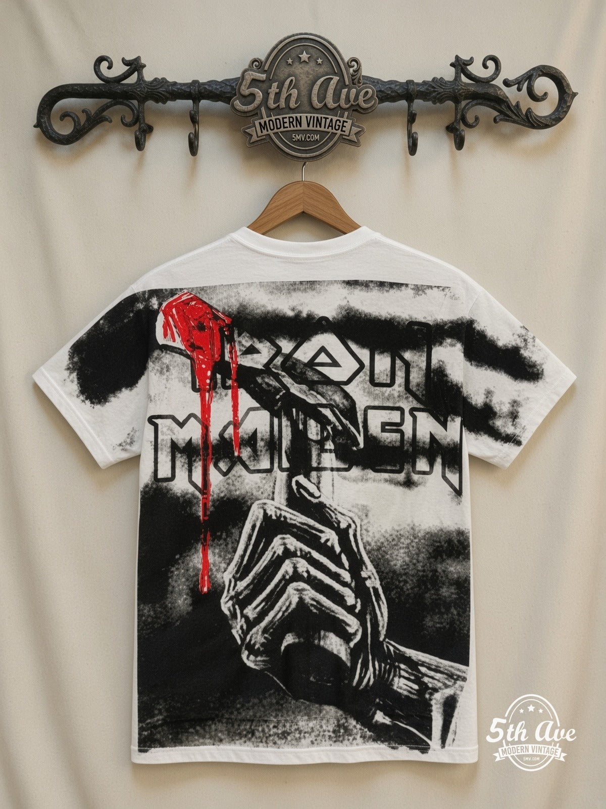 Iron Maiden Eddie Snarl Bloody Hand all over print vintage tee back on cream 5th Ave rack