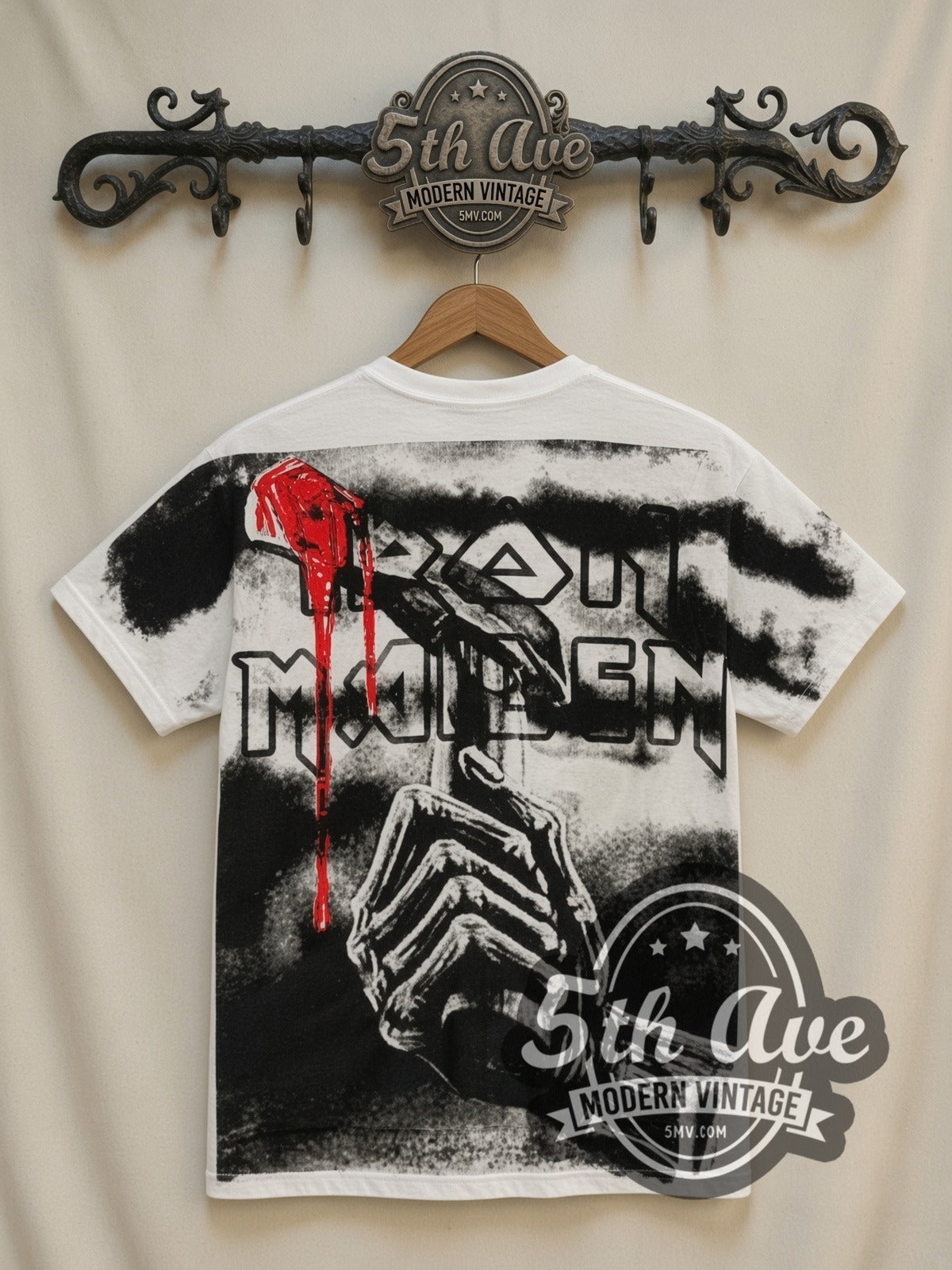 Iron Maiden Eddie Face all-over-print vintage band t-shirt in white, back view on the 5MV rack