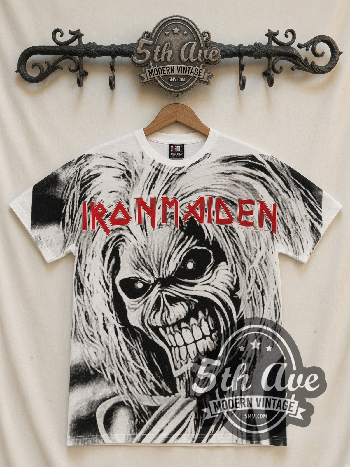 Iron Maiden Eddie Face all-over-print vintage band t-shirt in white, front view on the 5MV rack